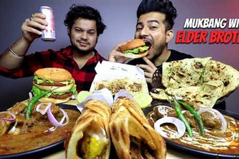 MUKBANG WITH BHAI | SPICY MUTTON BIRYANI, CHICKEN MASALA, LAVA BURGER CHICKEN TIKKA ROLL PANEER ROLL