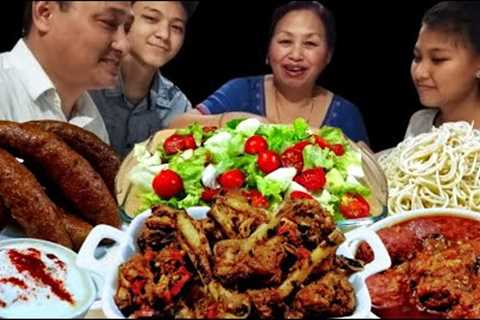 CHICKEN CHATPATA, SAUSAGE, MEAT BALLS, SPAGHETTI, HUNG CURD DIP & SALAD || FAMILY MUKBANG