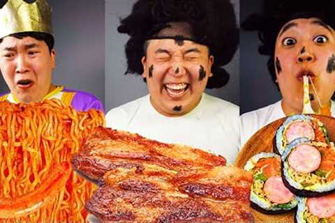 Spicy Buldak Fire Noodles with pork belly and Egg, Gimbap asmr food eating food mukbang 2023