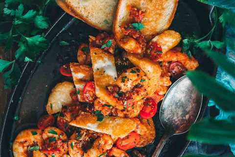 Shrimp Saganaki with crispy Fried Halloumi