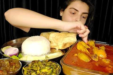 Eating Lal Lal Murgir Jhol, Rice, Vegetable Curry, Chutney, Papad, Salad- Mukbang Eating Show