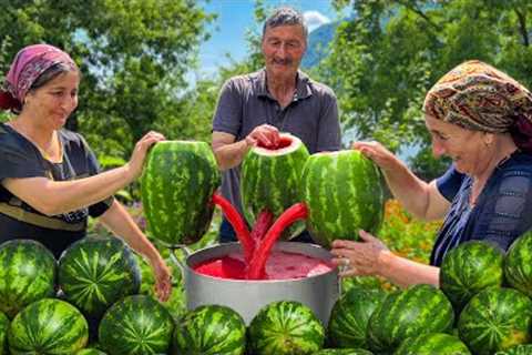 Cooking Delicious Watermelon Jam And Juice Together With Grandma! Homemade Sweetness