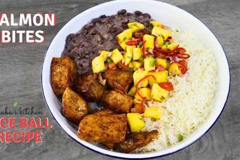 Rice bowl with Blackened Salmon Bites, Mango Salsa,saffron rice,creamy black beans #salmonrecipes