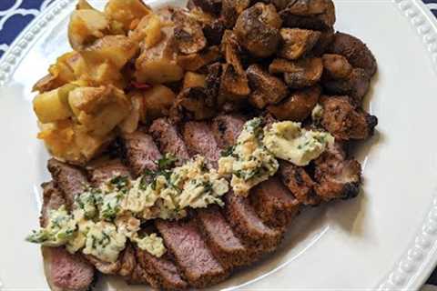 Herb Butter NY Strip Steak: NY strip seasoned with a dry spice rub served with a herb garlic butter