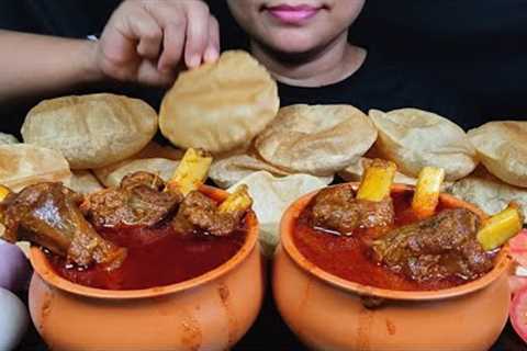 ASMR EATING 2 FULL HANDI OF SPICY MUTTON CURRY WITH LOTS OF SOFT LUCHI/PURI & SALAD | INDIAN..