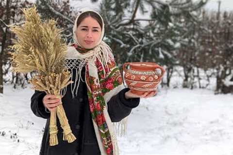 Hard work in village. Cooking food of ancestors. Creating traditional symbol before Christmas