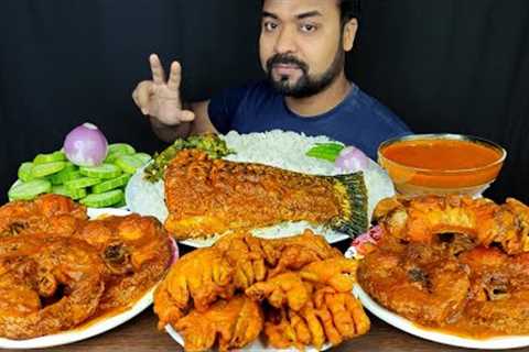 SPICY BIG FISH CURRY, VEGETABLE PAKORA, VEG FRY, GRAVY, SALAD, RICE MUKBANG EATING SHOW | BIG BITES